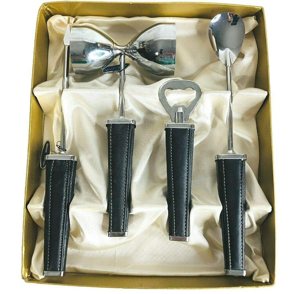 Vintage SWANK Ascot‎ Bar Set Black Leather Silver